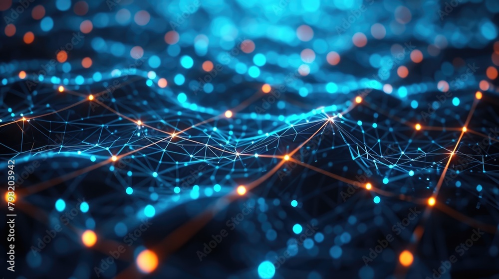A glowing blue and orange network of nodes and connections. A glowing blue and orange network of nodes and connections.