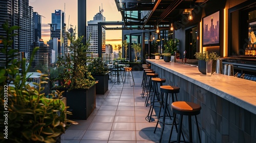 Urban rooftop bar with industrial-style stools and skyline views © Adnan saheem