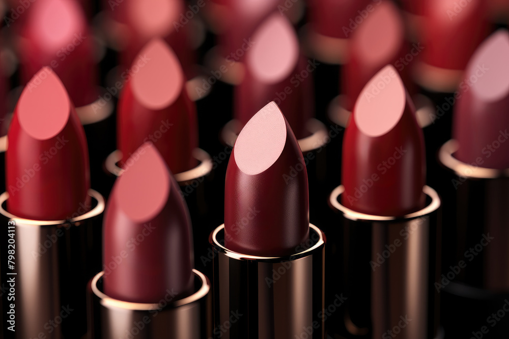An array of lipsticks in various shades of pink and red. An array of lipsticks in various shades of pink and red.