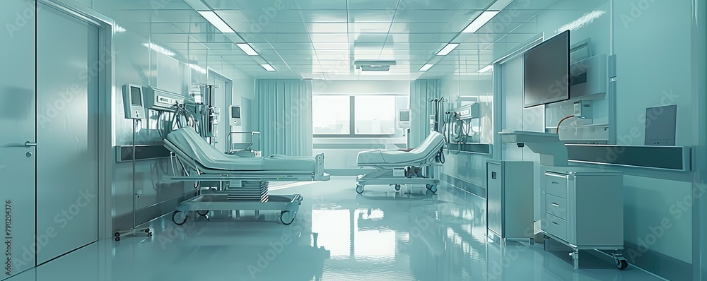 An empty well-equipped and sanitized modern hospital room with medical technology and clean surroundings. An empty well-equipped and sanitized modern hospital room with medical technology and clean surroundings.