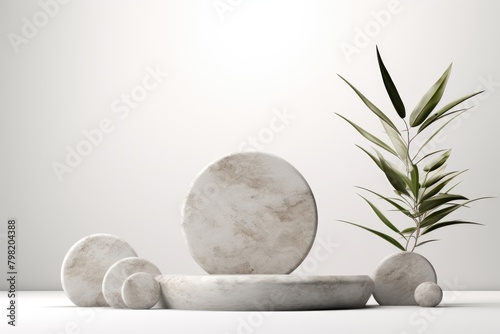 White marble podium with green leaves. photo