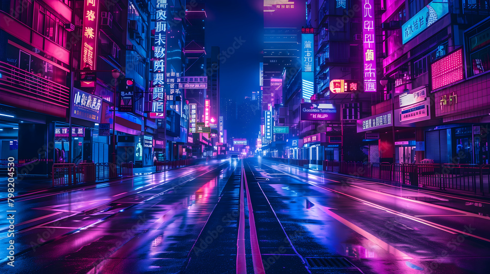 Cyberpunk city street at night with neon lights
