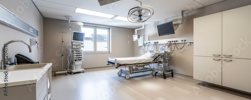 An empty well-equipped and sanitized modern hospital room with medical technology and clean surroundings.