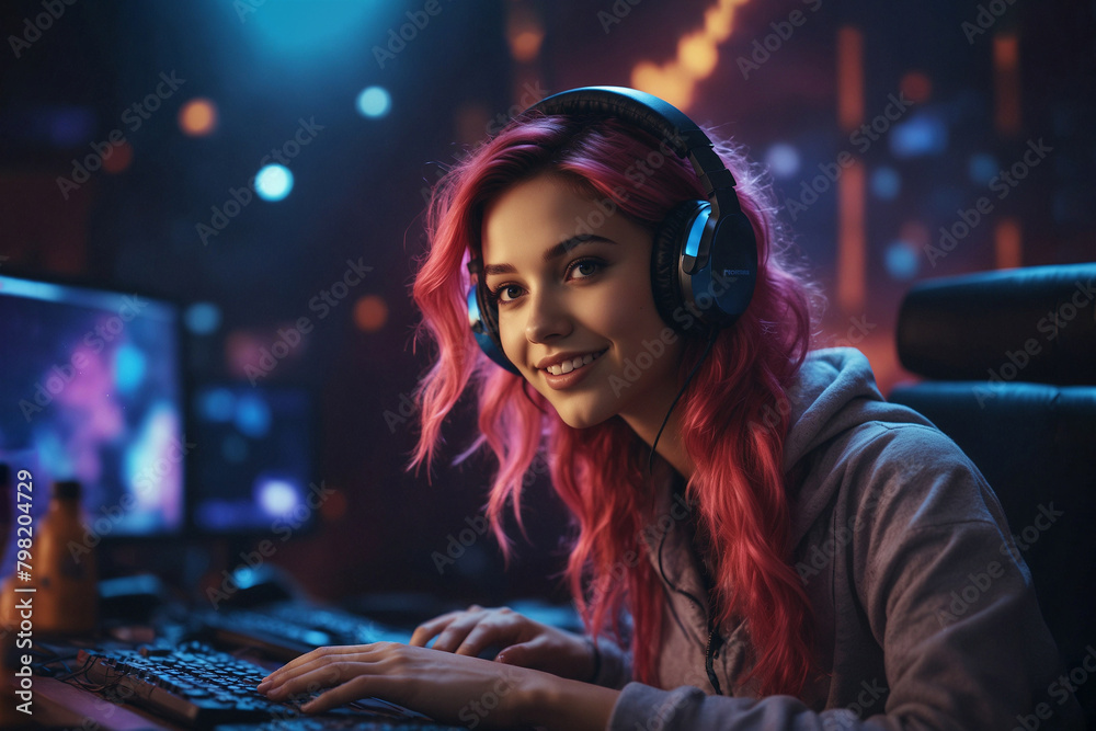 A gamer girl is sitting at a computer in a computer chair and playing games. A gamer girl is sitting at a computer in a computer chair and playing games.