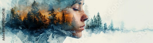 Portraits blended with landscapes, Faces merging with natural scenery, creating a sense of connection with nature