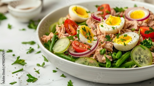 salad with canned tuna, green beans, hard-boiled eggs, red onion, tomato, lettuce