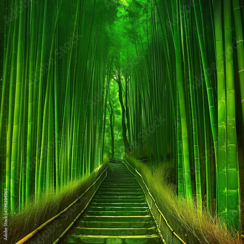 Journey Through a Lush Bamboo Forest Path with Dense Green Stalks