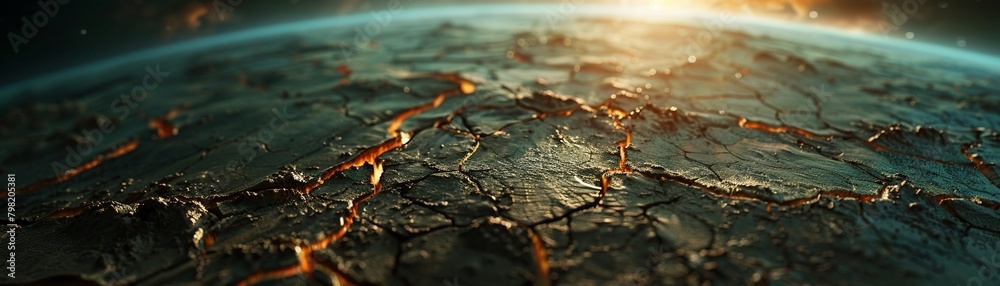 Earth with its oceans drying up, leaving cracked and scorched land Earth with its oceans drying up, leaving cracked and scorched land