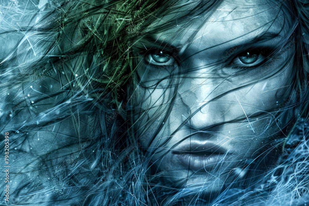 Portrait of a mysterious woman with blue eyes and an intense gaze ...