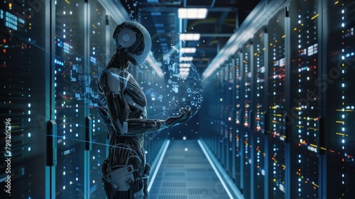 Visualize an AI standing in a stance of power, absorbing the intelligence and data from a fragmented AI entity, set in a server room that pulses with energy