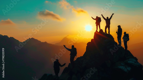 Figures of individuals atop a mountain, evoking success