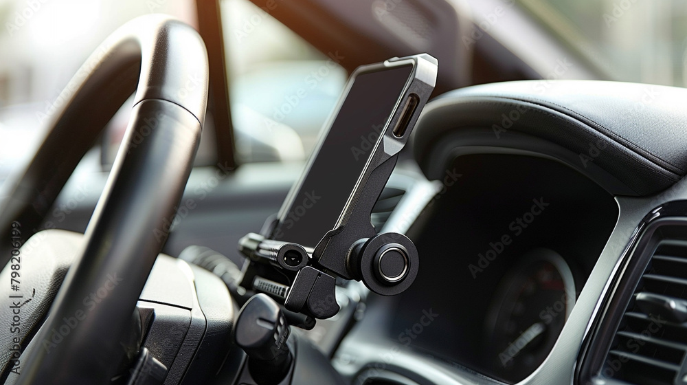 Smartphone Mount in Car A smartphone mount attached to a car dashboard, securely holding a smartphone in place for hands-free navigation and communication while driving.