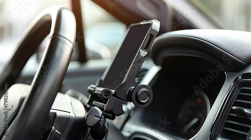 Smartphone Mount in Car A smartphone mount attached to a car dashboard, securely holding a smartphone in place for hands-free navigation and communication while driving. © Teddy Bear