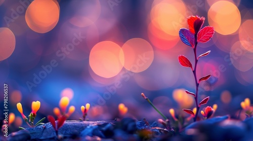 A close up of a small plant with colorful lights in the background, AI © starush