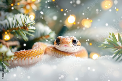 A colorful corn snake peeks curiously through a snowy setting