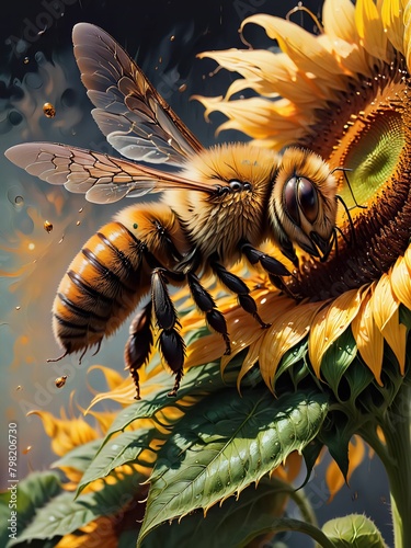 illustration of bee harvesting honey in a forest.Ai generative 