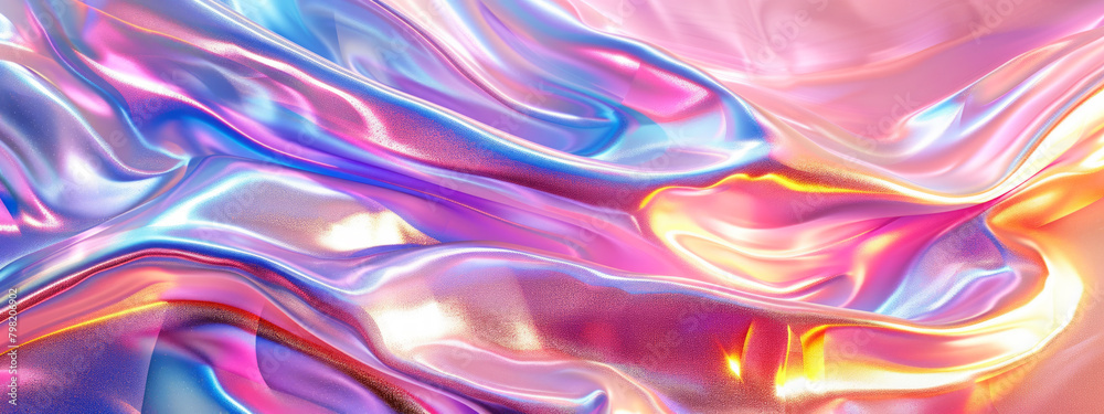 Iridescent fabric holographic background. Shiny texture in vibrant purple, pink, and gold colors with folds and irregularities. Iridescent fabric holographic background. Shiny texture in vibrant purple, pink, and gold colors with folds and irregularities.