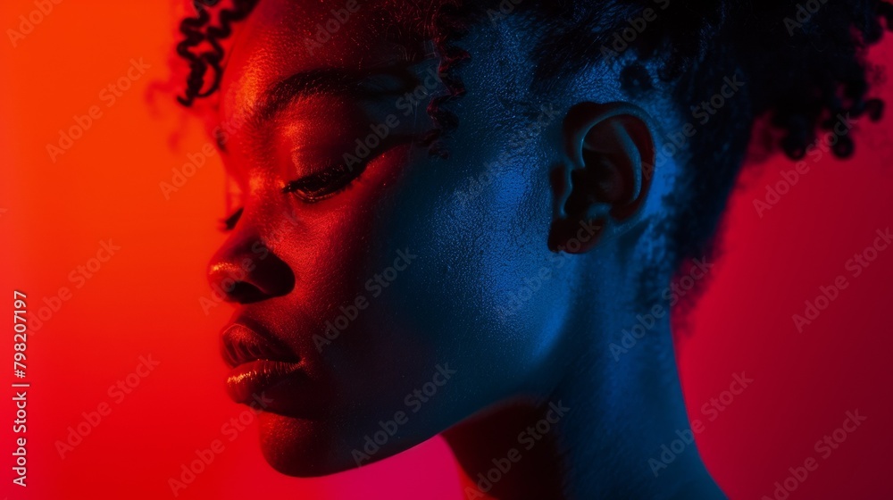 A close up of a woman with curly hair looking down, AI A close up of a woman with curly hair looking down, AI