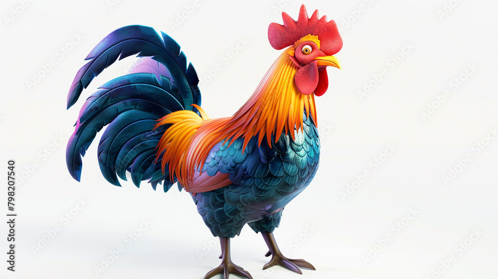 3D, colorful rooster mascot isolated on white background.