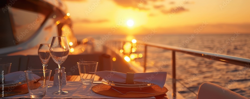 Fototapeta premium An elegant table setting is arranged on a yacht's deck, with the sun setting in the background, creating a romantic atmosphere.