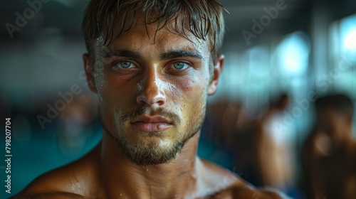 Close Up of Shirtless Man With Blue Eyes. Generative AI