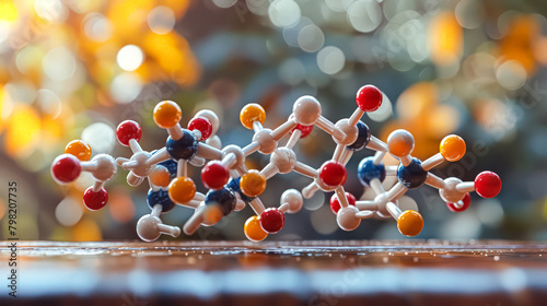 A model of a molecule is displayed on a wooden table. The molecule is made up of many small balls, each with a different color. The arrangement of the balls creates a complex and intricate structure