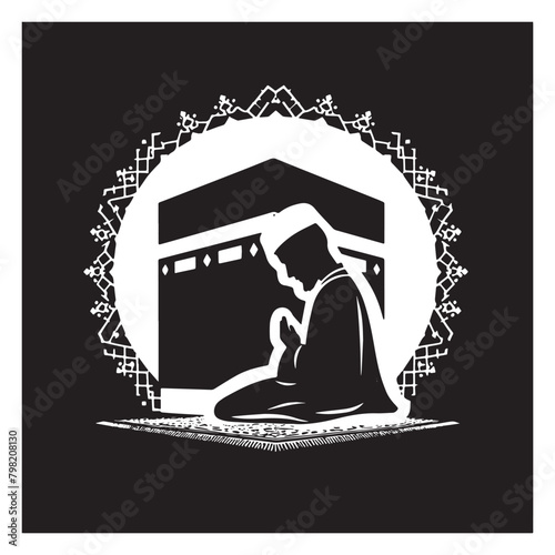 Kaaba Silhouette, Prayer with Kaaba, Vintage Prayer Silhouette, Retro Muslim Worship,  Classic Islamic Prayer, Black and White Prayer