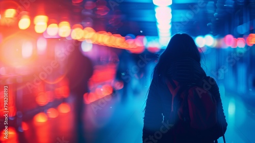 A woman with a backpack walking down the street at night, AI photo