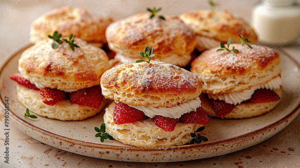   Biscuits and strawberry shortcakes with powdered sugar