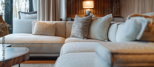 Close-up Modern cozy living room home interior design with upholstered modular soft sofa, nobody. 
