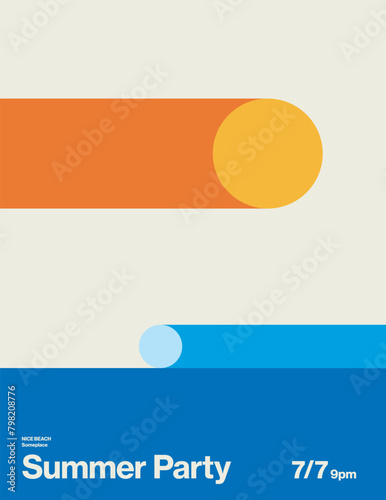 Summer party poster or flyer layout, vector template. Abstract illustration of sun and ocean.