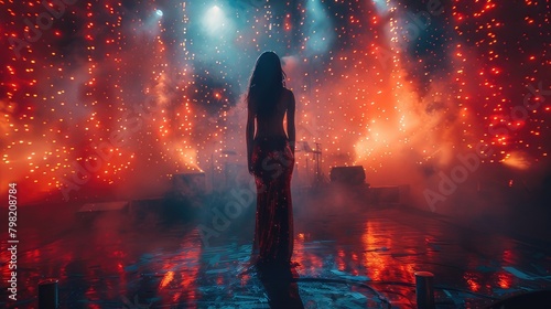 Enchanting Performance Silhouette of Female Singer on Stage with Dazzling Lights Captivates Audiences with Soulful Melodies
 photo