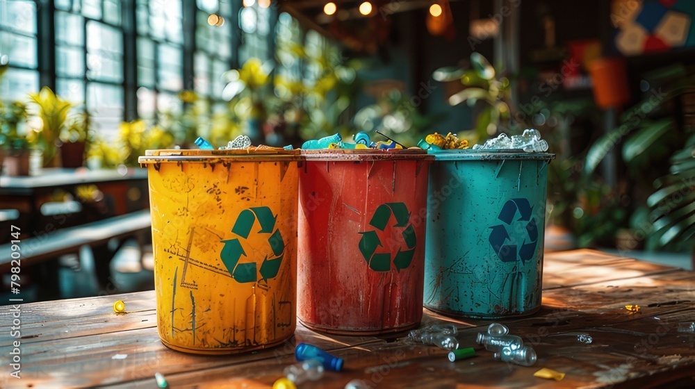 Environmental Responsibility Three Colorful Trash Cans for Sorting Plastic, Glass, and Paper Waste
