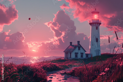 The lighthouse on the ocean shore against the background of the setting sun symbolizes direction, safety and hope, inspiring travelers and sailors with its power and beauty photo