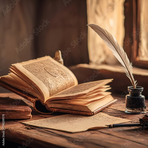 A book with a feather on the top of it is open to a bottle of ink