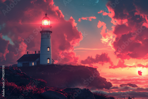 The lighthouse on the ocean shore against the background of the setting sun symbolizes direction, safety and hope, inspiring travelers and sailors with its power and beauty