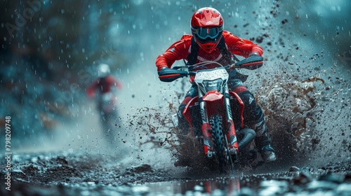 Man Riding Dirt Bike Through Puddle of Water. Generative AI photo