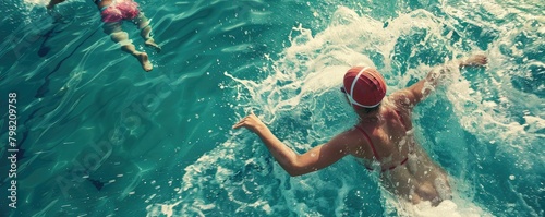 senior woman swimming freestyle in open water with other swimmers.