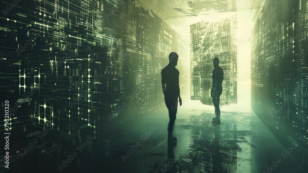 symbolic scene where two AI forms, represented by intertwining light ...
