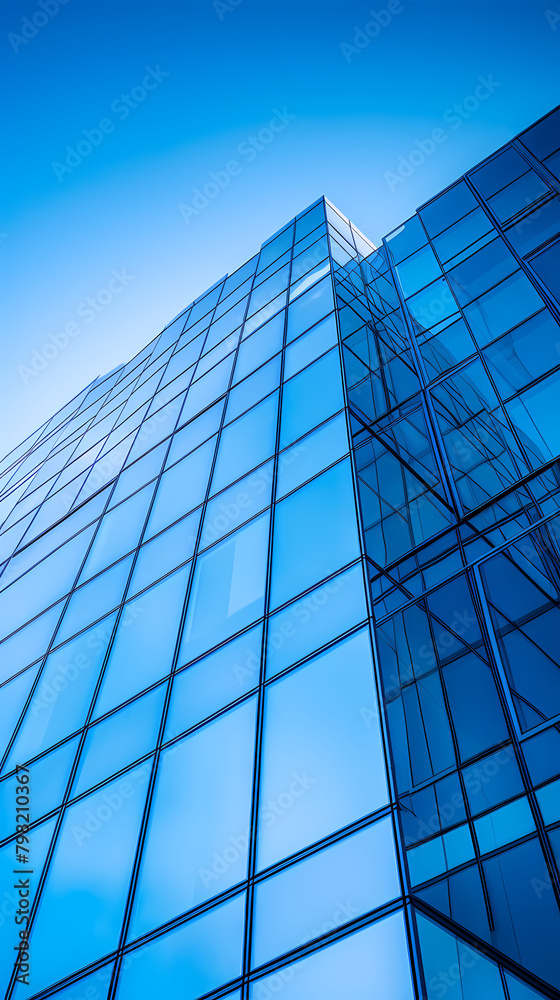A modern skyscraper with blue glass windows