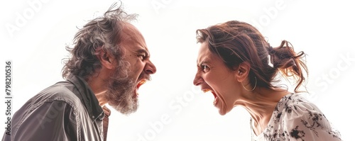 Mature man and woman expressing strong emotions in a heated argument, facing each other with mouths open against white backdrop. photo