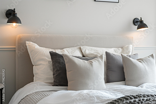 Cozy bed with a white and gray comforter and pillows