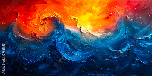 Vivid red to blue gradient abstract painting embodying texture and motion