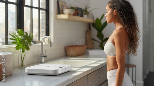 Modern Wellness: Against the backdrop of a sleek, minimalist bathroom, a beautiful figure stands confidently on a state-of-the-art digital scale. The crisp lines and polished surfa photo