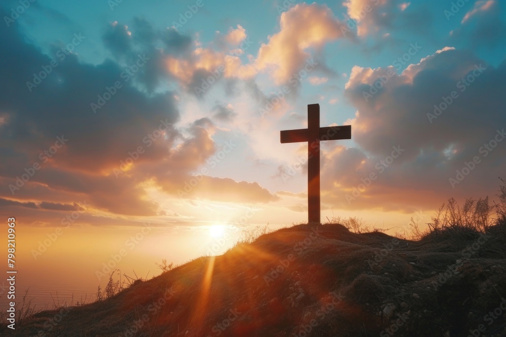 Cross on the hill with sunset in the background cross outdoors nature.