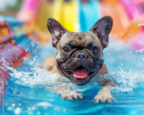 Cute dog riding a colorful waterpark adventure land waterslide