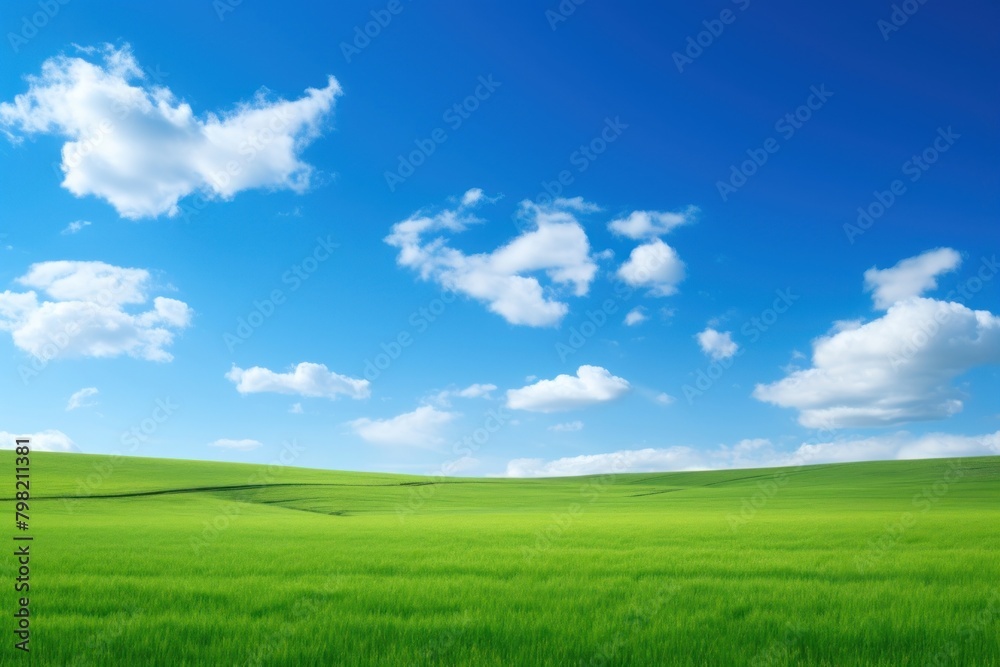 Green field with blue sky grassland landscape outdoors.