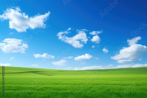 Green field with blue sky grassland landscape outdoors.