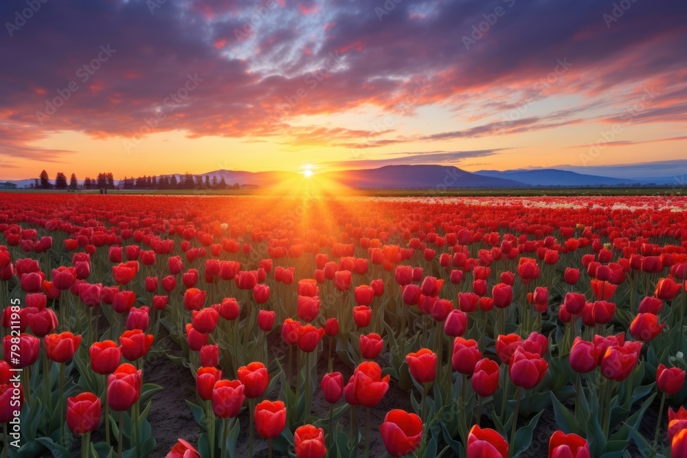 Tulip meadow in the sunset landscape panoramic outdoors.