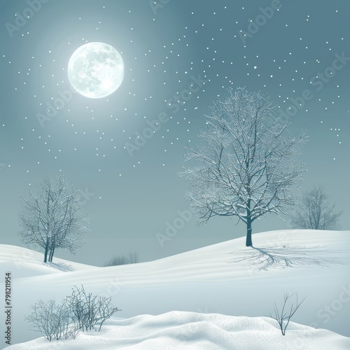 winter night landscape with snow and two trees and moonlight 